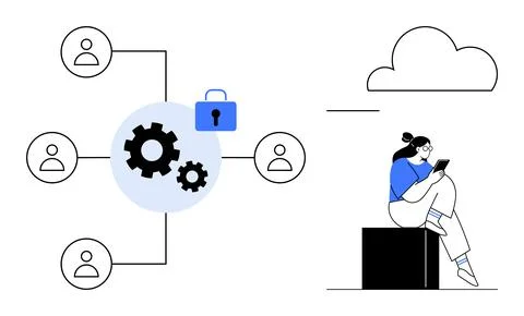 Network of connected users, security padlock, gears, and person accessing dat Stock Illustration