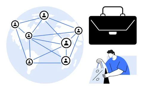 Network of connected users on world map, black briefcase, and person with sho Stock Illustration