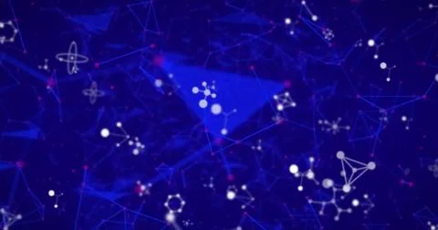 Network connecting white node clusters in deep blue field, with red accents and Foto stock