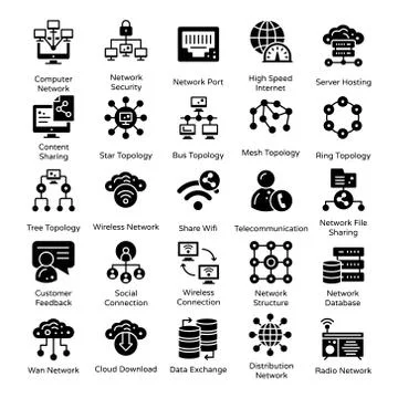 Network, Connection and Communication Solid Icons Pack Stock Illustration