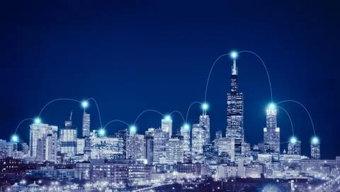 Network connection and global business  concept in Chicago City, Illinois, US Ilustración de archivo