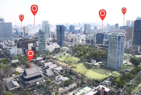 Network connection concept. Aerial view on Tokyo with location pin Stock Photos