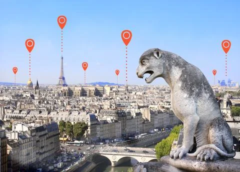 Network connection concept. Overlooking Paris and red location pins Stockfoto's