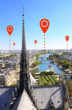 Network connection concept. Overlooking Paris and red location pins. Global p Stock Photos