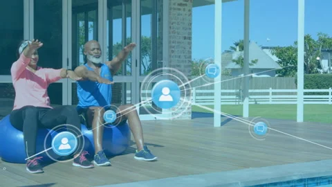 Network of connection icons against man and woman performing exercise Stock Footage 141472664