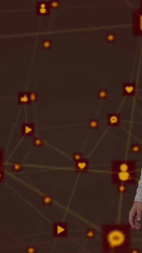 Network of connection icons against man using VR headset Stock Footage 343498595