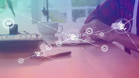 Network of connection icons against mid section of man using digital tablet Stock Footage 139807367