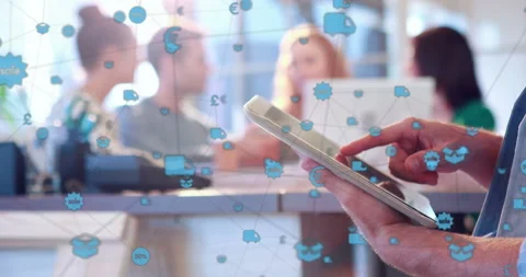 Network of connection icons against mid section of person using digital tablet Stock Footage 140367509