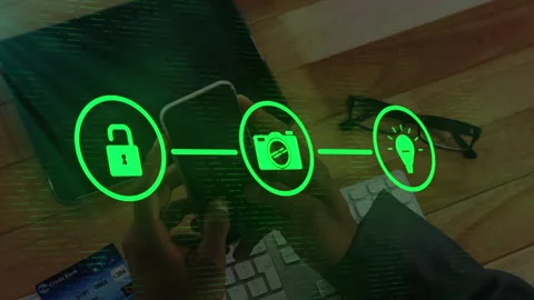 Network of connection icons against mid section of man using smartphone Stock Footage 141701510