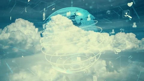 Network of connection modernization over clouds in the sky Stock Footage 148982842