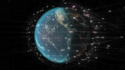 Network connection structure, World map with digits. Global communication Stock Footage 191141241