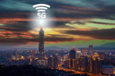 Network connection technology in the city, with 5g internet networking sign Stock Photos