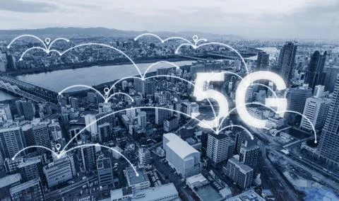 Network connection technology in the city, with 5g internet networking sign Stock Photos