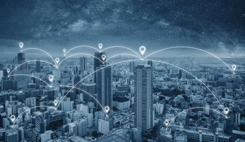 Network connection technology in the city, Blue cityspace Stock Photos