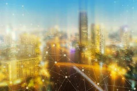 Network connection technology with modern cityscape background. Network conne Stock Photos