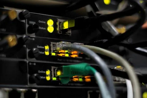 Network connection technology with network switch router, ethernet cables and Stock Photos