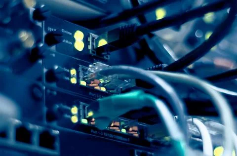 Network connection technology with network switch router, ethernet cables and Stock Photos