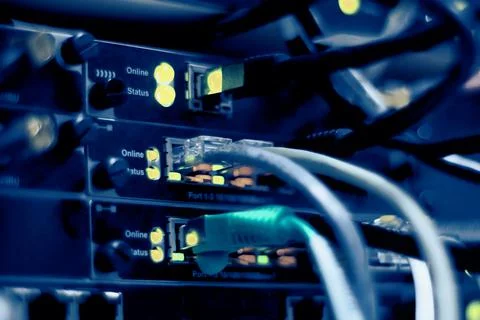 Network connection technology with network switch router, ethernet cables and Stock Photos