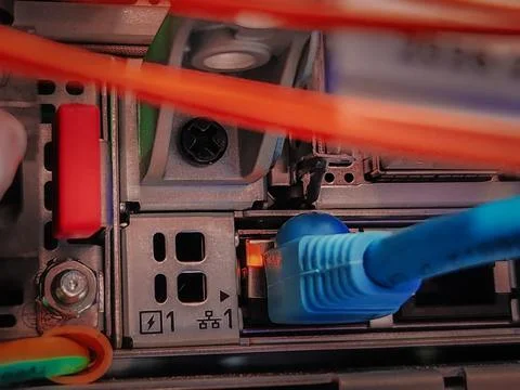 Network connection technology with network switch router, ethernet cables and Stock Photos