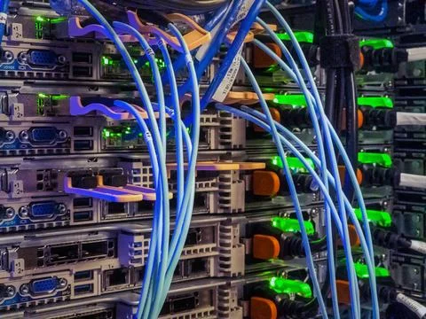 Network connection technology with network switch router, ethernet cables and Stock Photos