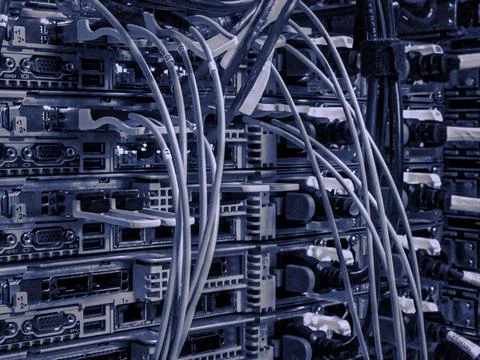 Network connection technology with network switch router, ethernet cables and Stock Photos