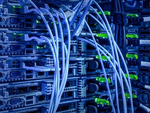 Network connection technology with network switch router, ethernet cables and Stock Photos