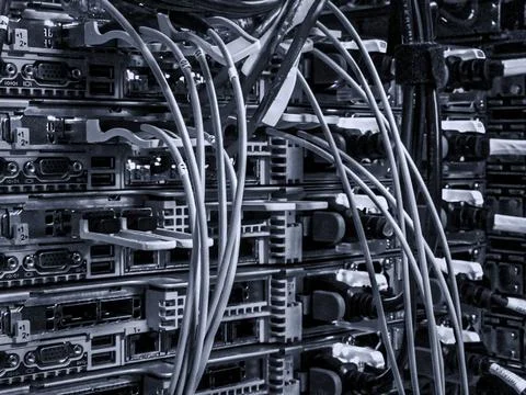 Network connection technology with network switch router, ethernet cables and Stock Photos