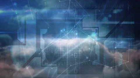 Network of connections against binary coding data processing on clouds in the Stock Footage 155977550