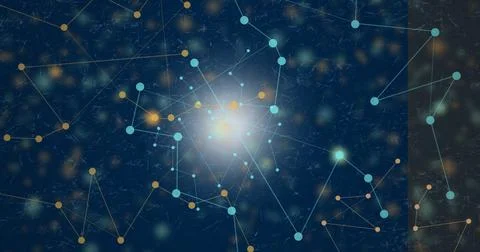 Network of connections against bright spot of light on blue background Stock Illustration