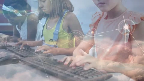 Network of connections against group of diverse girls using computer at school Stock Footage 329168287