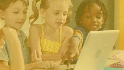 Network of connections against group of diverse students using a laptop at Stock Footage 329710233