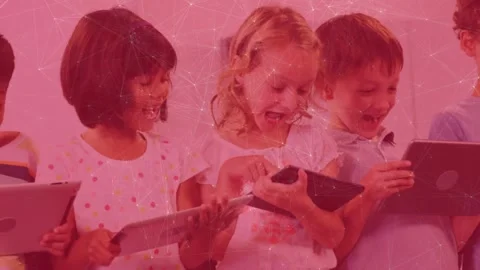 Network of connections against group of diverse students using digital tablets Stock Footage 330590551