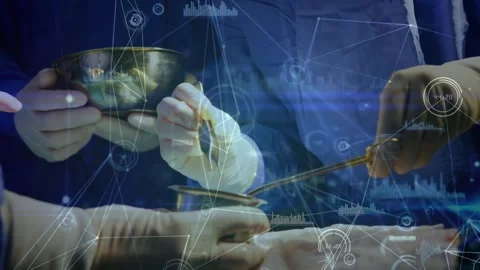 Network of connections against mid section of surgeons performing operation in Stock Footage 329691537