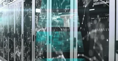 Network of connections against multiple screens with data processing against Stockillustratie