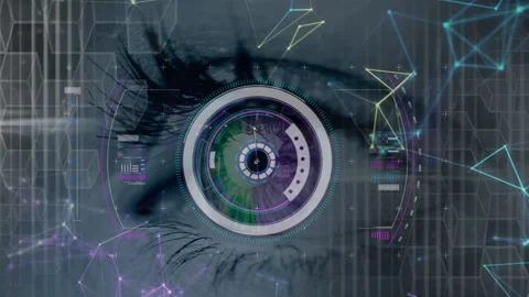 Network of connections against round scanner over close up of female eye Video stock 150853094