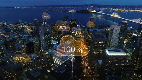 Network connections and cloud computing icons with percentages. San Francisco. Stock Footage 92767891