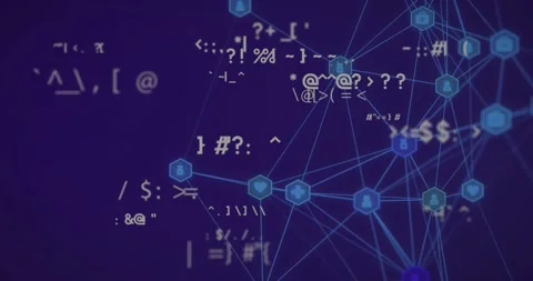 Network of connections and coding symbols animation over blue background Stock Footage 326033002