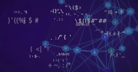 Network of connections and coding symbols image over blue background Stock-Fotos