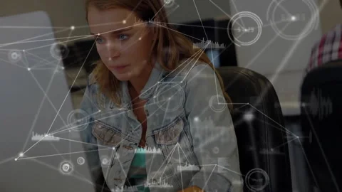 Network connections and data analysis animation over woman working on computer Stock Footage 303615546