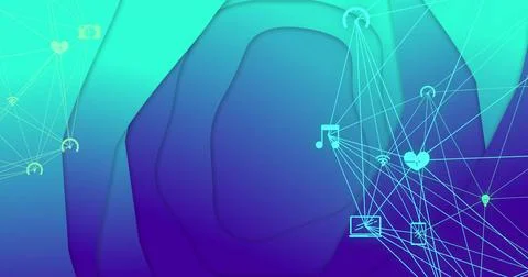 Network connections and data nodes image over abstract blue and green background Stock Illustration