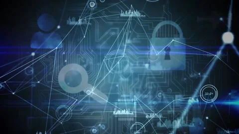 Network of connections and data processing over security padlock icon and Stockbeeldmateriaal 155977730