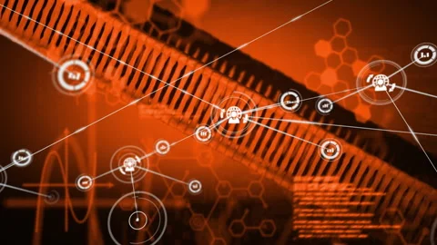 Network connections and data processing animation over abstract orange Stock Footage 303608292
