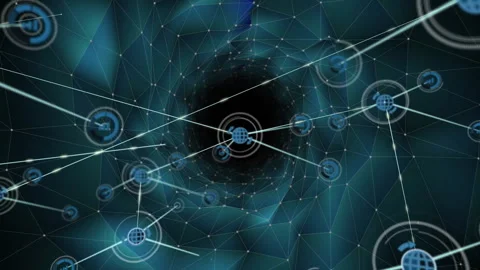 Network of connections and data processing animation over geometric background Stock Footage 303608321