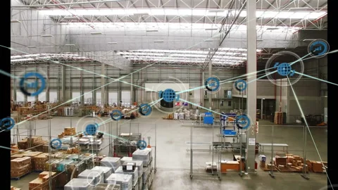 Network of connections and data processing animation over warehouse interior 库存影片 303792854