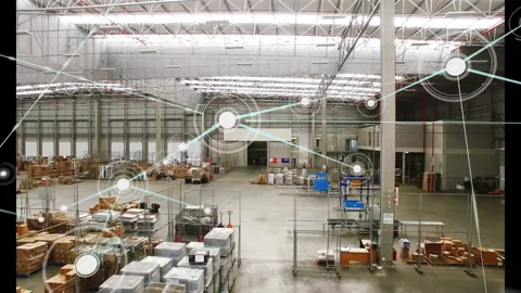 Network of connections and data processing animation over warehouse interior Stock Footage 303792864