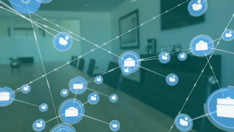 Network of connections and data processing animation over modern office setting Stock Footage 304101906