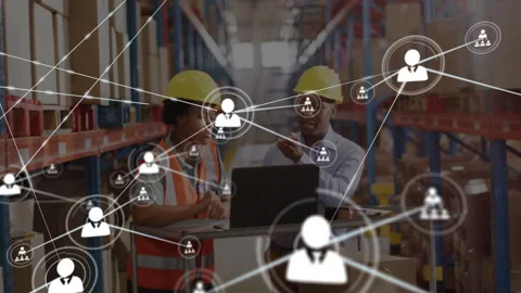 Network of connections and data processing animation over workers in warehouse Stock Footage 304191941