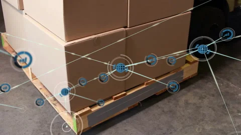 Network connections and data processing animation over stacked cardboard boxes Stock Footage 304310744