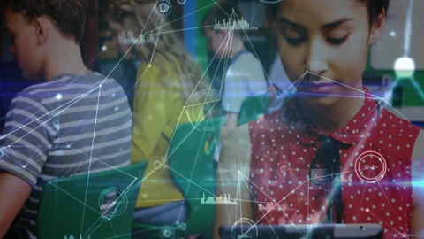 Network of connections and data processing animation over students in classroom Stock Footage 304768300