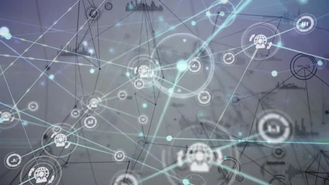 Network connections and data processing animation over technical diagrams and Stock Footage 305020728